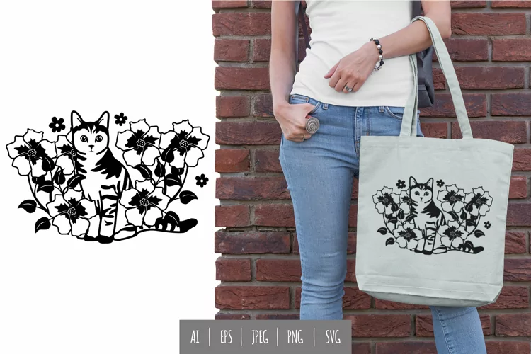 Tabby Cat Sitting in The Middle of Flower Bush SVG Design