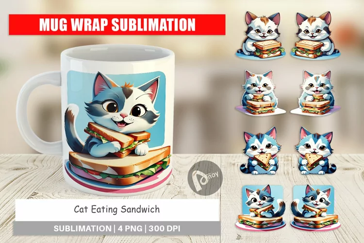 Mug Wrap Design Cat with Sandwich