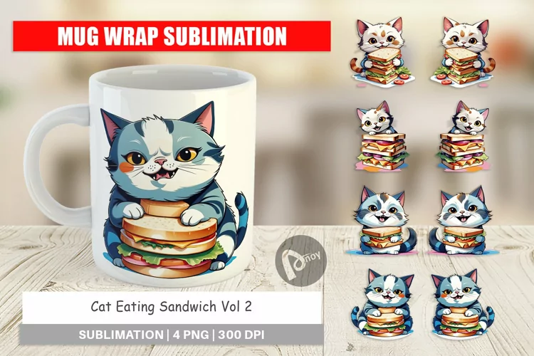 Mug Wrap Design Cat with Sandwich