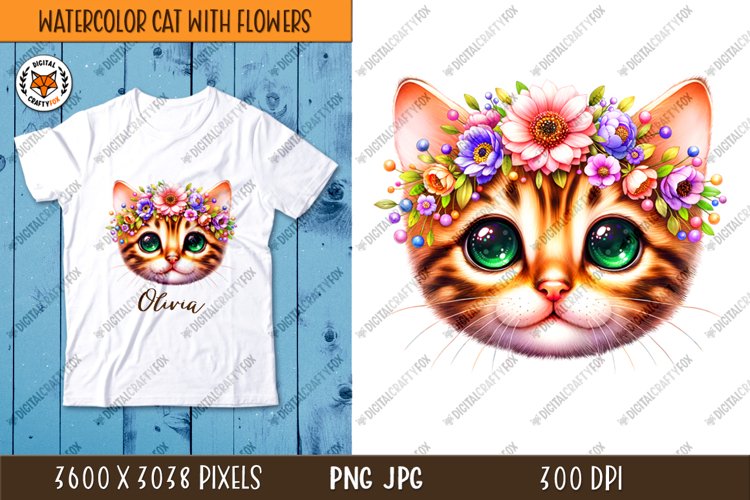 Watercolor Cat PNG, Bengal Cat with Flower Wreath