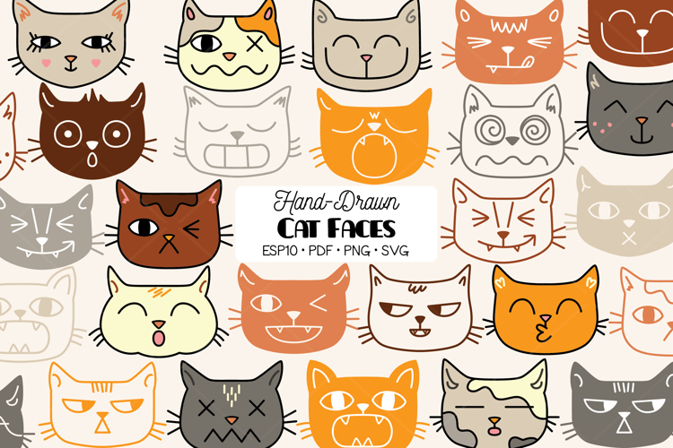 Colored Hand-Drawn Cat Faces | Kawaii Animal Head