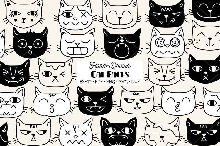 Hand-Drawn Cat Faces | Kawaii Animal Head