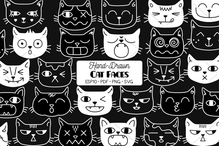 Hand-Drawn Cat Faces | Kawaii Animal Head | White