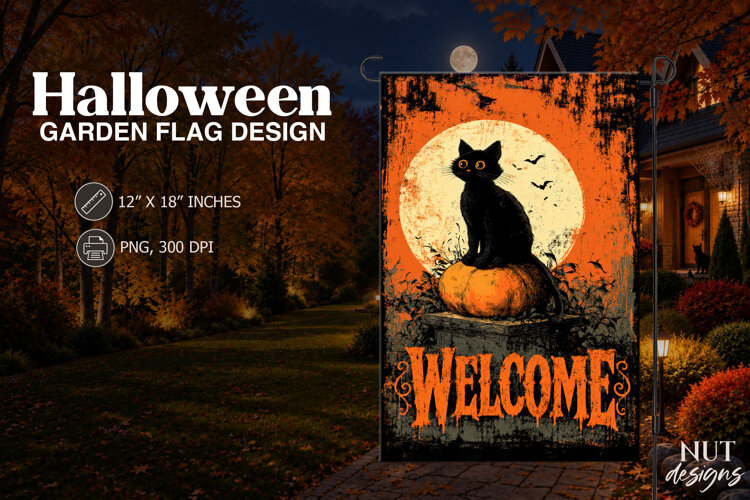 Black Cat Halloween Welcome Flag example image 1