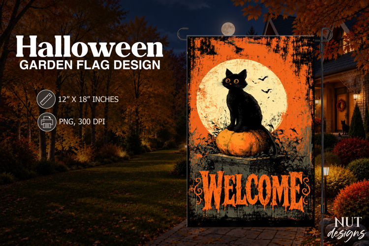 Black Cat Halloween Welcome Flag