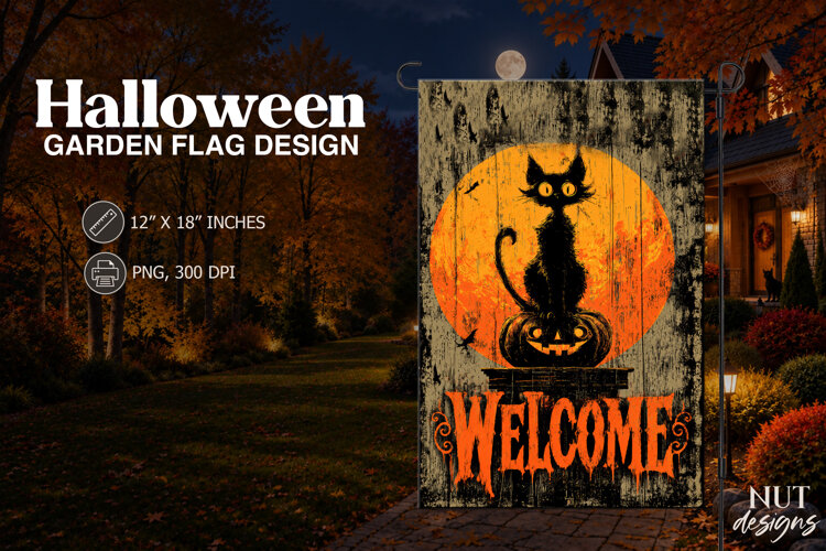 Black Cat Pumpkin Halloween Welcome garden flag sublimation example image 1