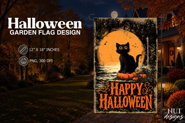 Black Cat Pumpkin Happy Halloween garden flag sublimation