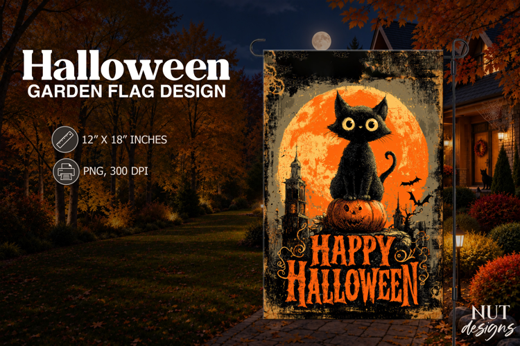 Black Cat Pumpkin Happy Halloween garden flag sublimation