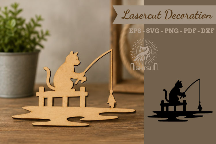 Cat Fishing Lasercut Decoration