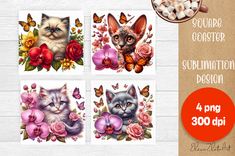 Funny cat Coaster Sublimation | Cat flowers Square Coaster