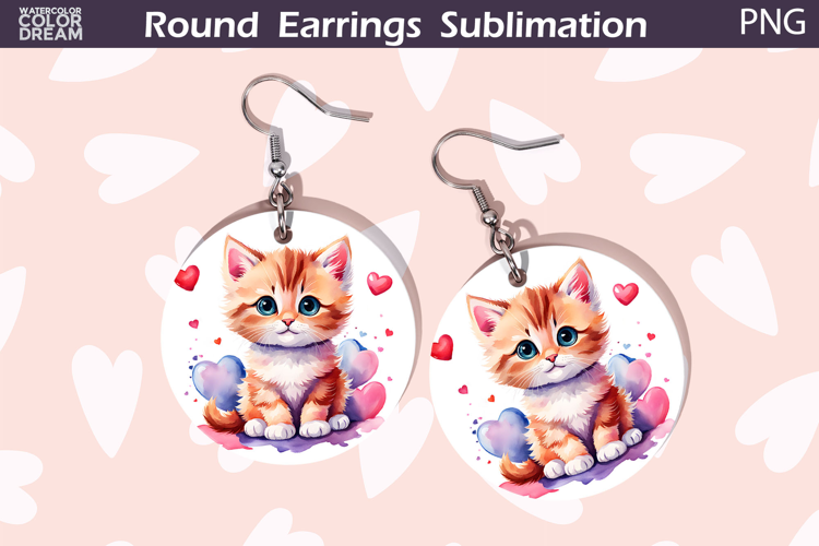 Cat Heart Round Earrings | Kitty Valentine Earrings Sublimat