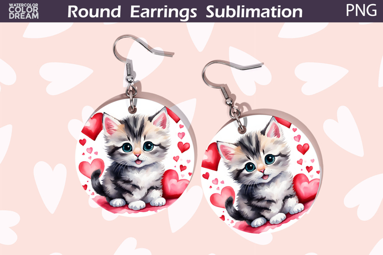Cat Heart Round Earrings | Kitty Valentine Earrings Sublimat