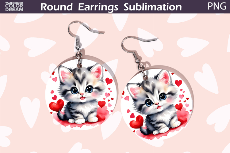 Cat Heart Round Earrings | Kitty Valentine Earrings Sublimat