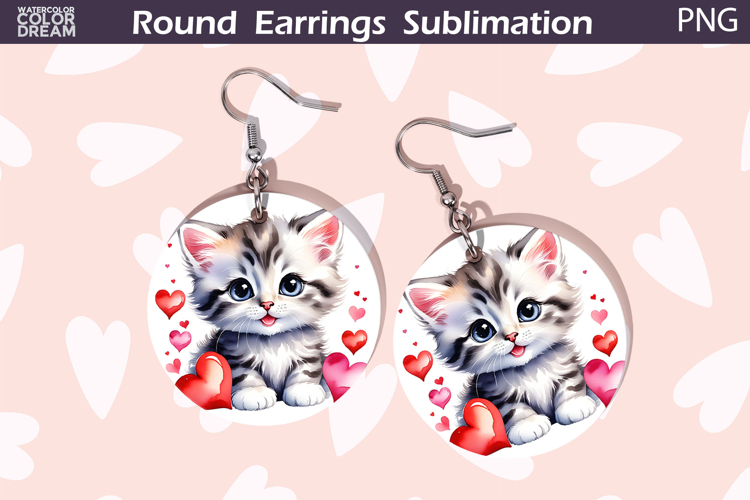 Cat Heart Round Earrings | Kitty Valentine Earrings Sublimat