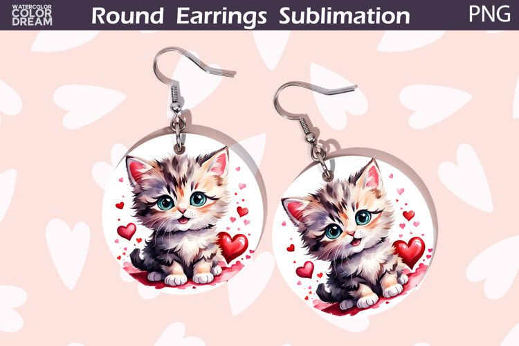 Cat Heart Round Earrings | Kitty Valentine Earrings Sublimat example image 1