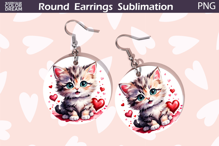 Cat Heart Round Earrings | Kitty Valentine Earrings Sublimat