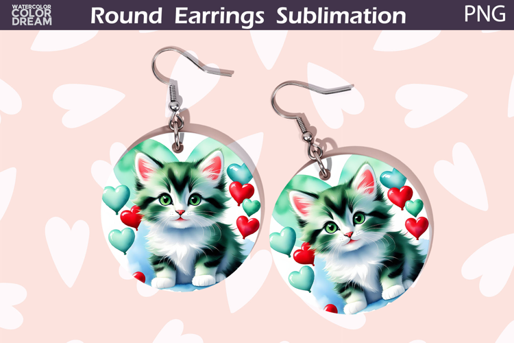 Cat Heart Round Earrings | Kitty Valentine Earrings Sublimat