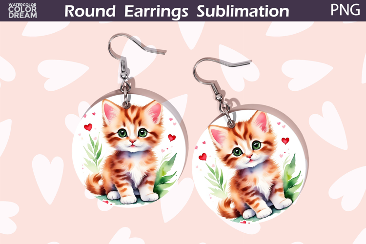 Cat Heart Round Earrings | Kitty Valentine Earrings Sublimat