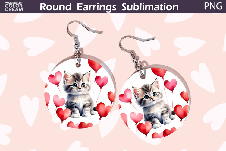 Cat Heart Round Earrings | Kitty Valentine Earrings Sublimat example image 1