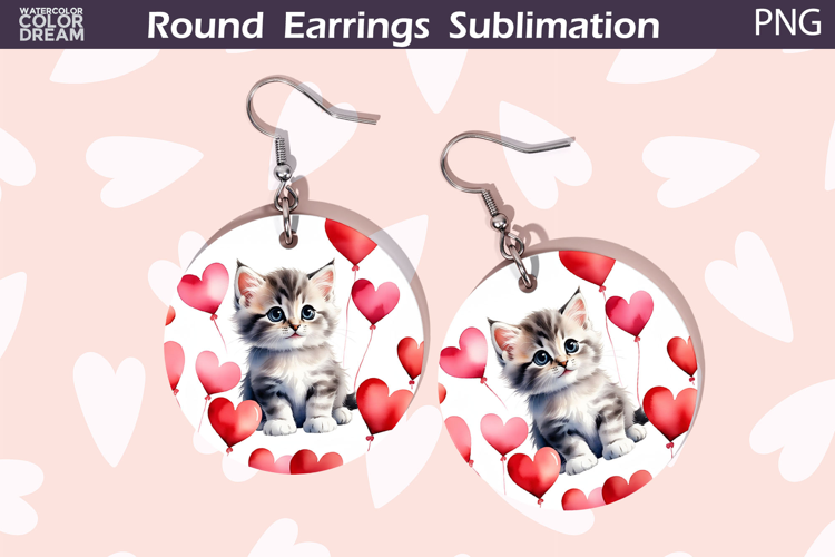 Cat Heart Round Earrings | Kitty Valentine Earrings Sublimat