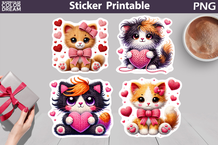 Valentine Cats Heart Sticker | Crochet Cat Sticker Printable