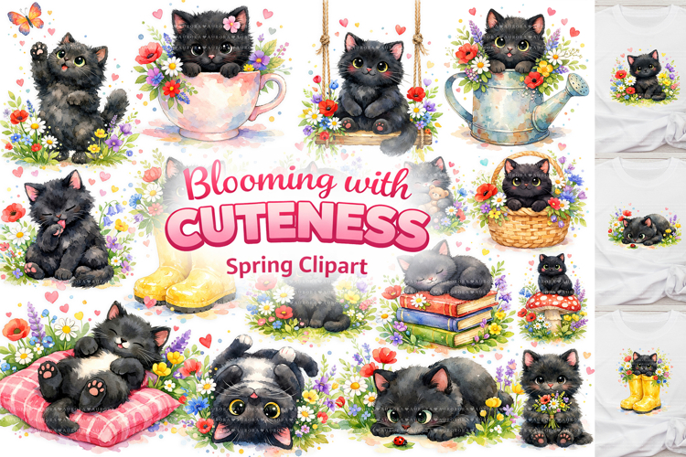 Black Cat Spring Watercolor Clipart PNG