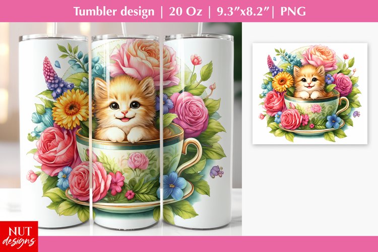 Cat in the Cup with flowers tumbler design cat tumbler wrap example image 1