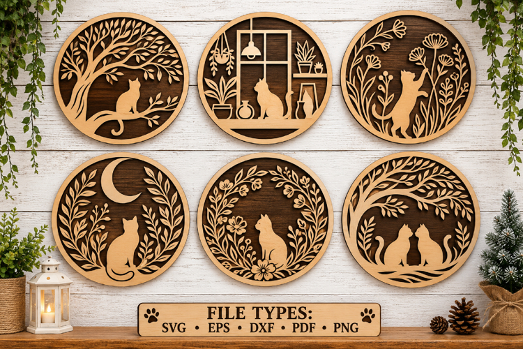 Cat Laser Cut SVG Round Wooden Wall Decor