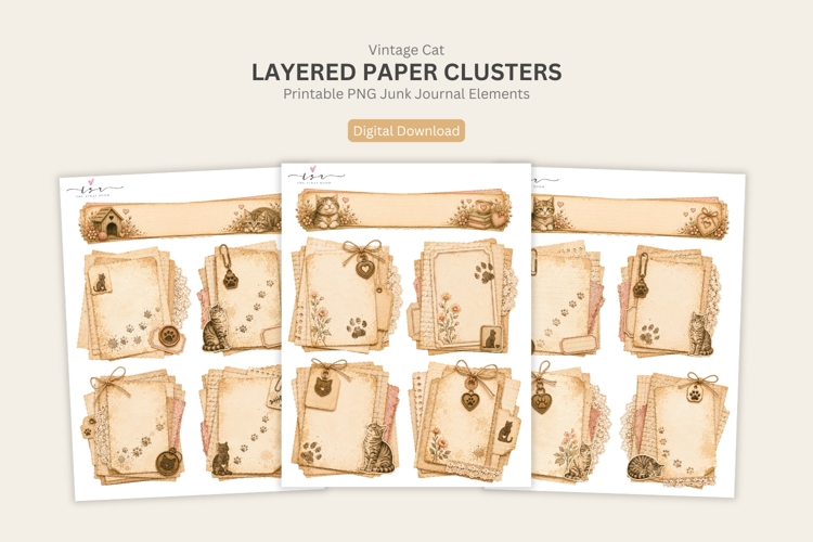 Cat Themed Layered Paper Clusters Printable PNG Junk Journal