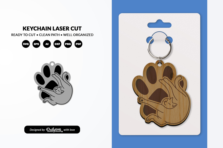 Funny Cat Keychain SVG - Cute Kitty Paw Laser Cut SVG