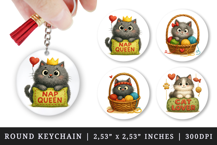 Cat Lover round keychain pintable sublimation design png
