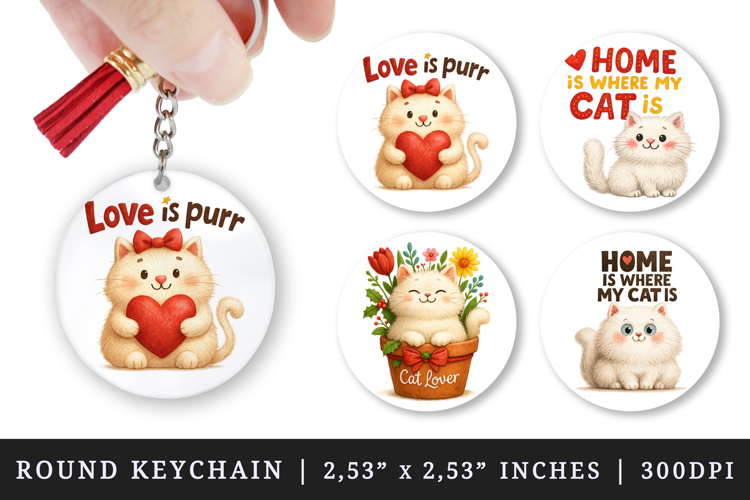 Cat Lover round keychain pintable sublimation design png