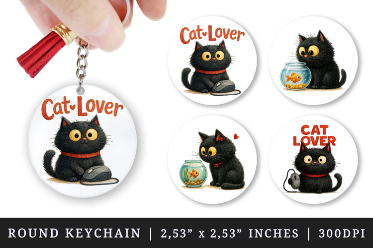 Cat Lover round keychain pintable sublimation design png