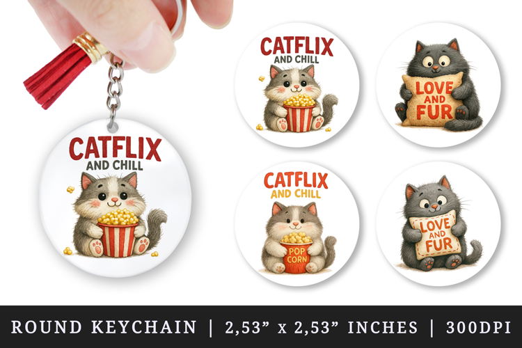 Cat Lover round keychain pintable sublimation design png