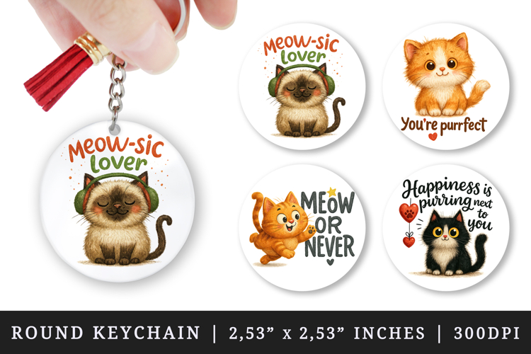 Cat Lover round keychain pintable sublimation design png