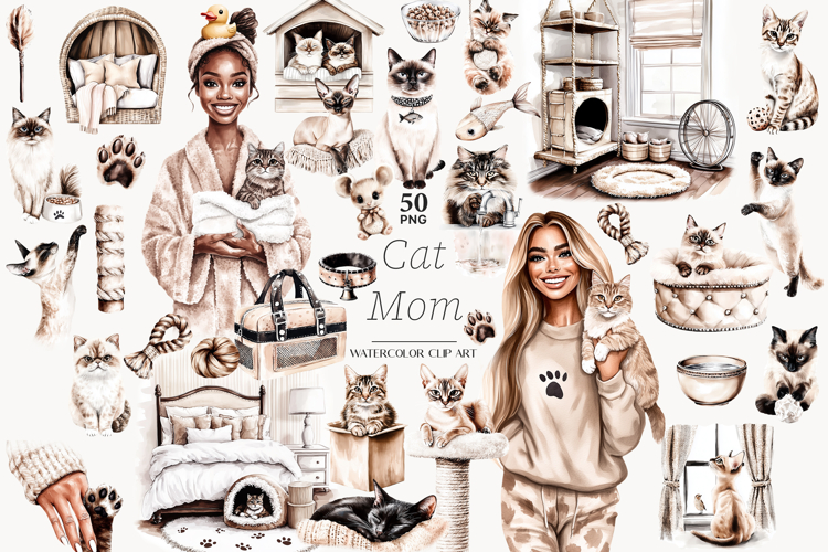 Cat Mom Clipart Set | Cat Breeds Graphics with Kitty Images