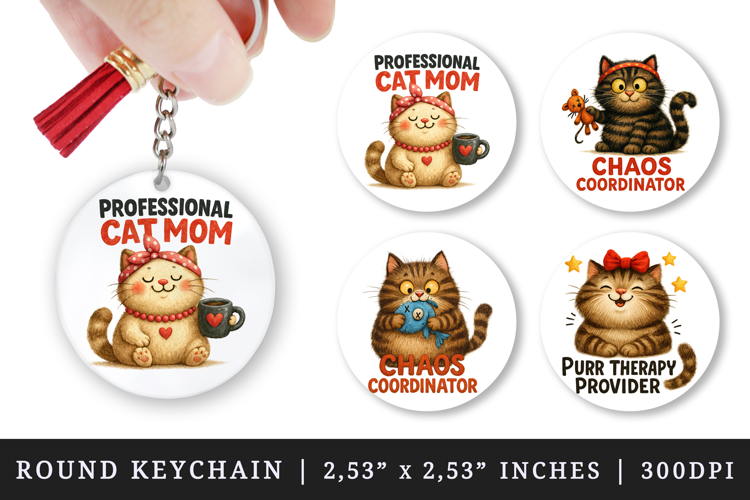 Cat Mom round keychain pintable sublimation design png