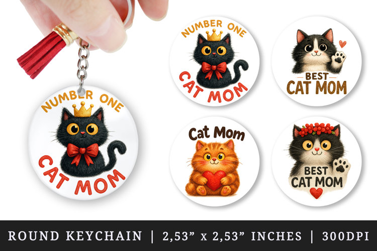 Cat Mom round keychain pintable sublimation design png