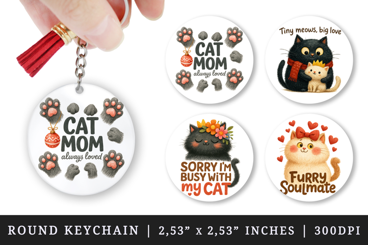 Cat Mom round keychain pintable sublimation design png
