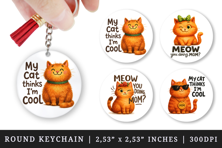 Cat Mom round keychain pintable sublimation design png