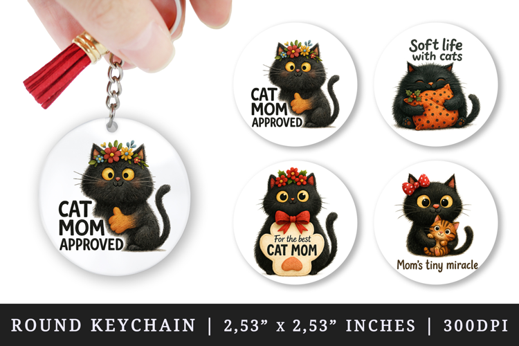 Cat Mom round keychain pintable sublimation design png