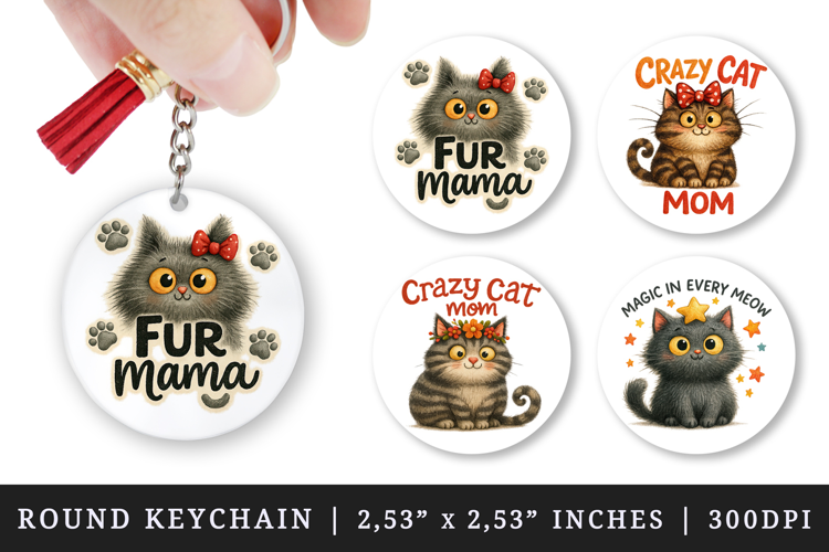 Cat Mom round keychain pintable sublimation design png