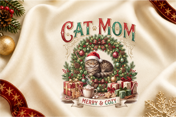 Cat Mom Merry & Cozy PNG Sublimation Design