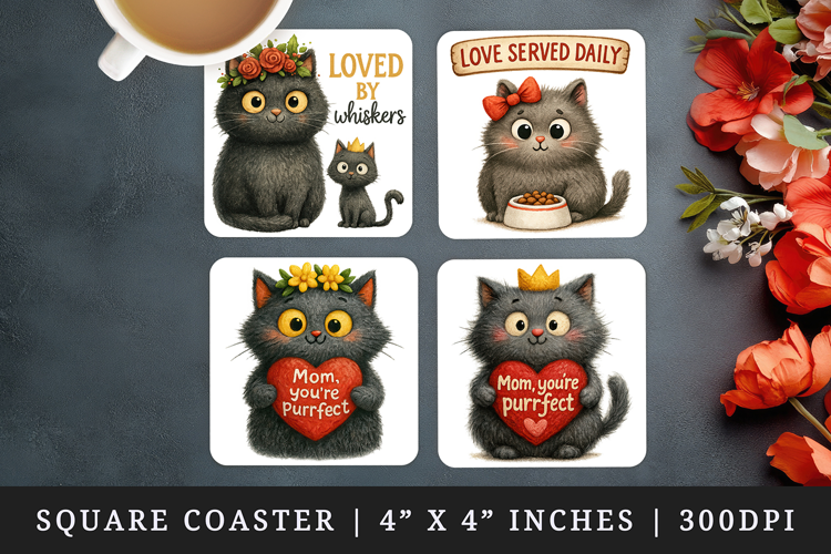 Cat Mom square coaster sublimation, coasters design