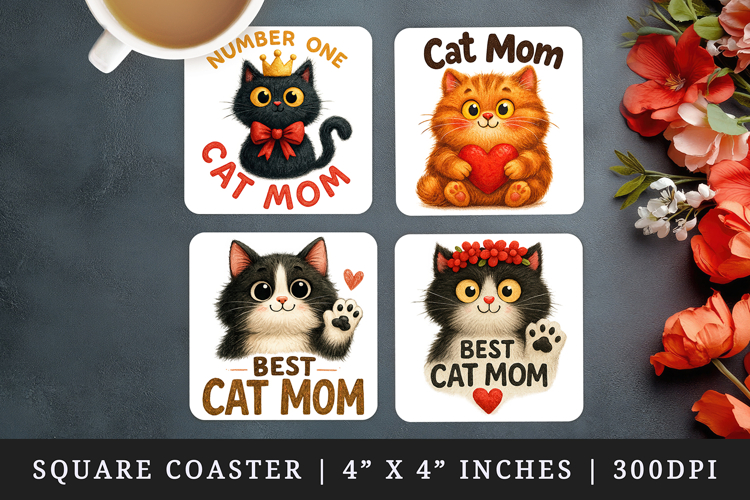 Cat Mom square coaster sublimation, coasters design