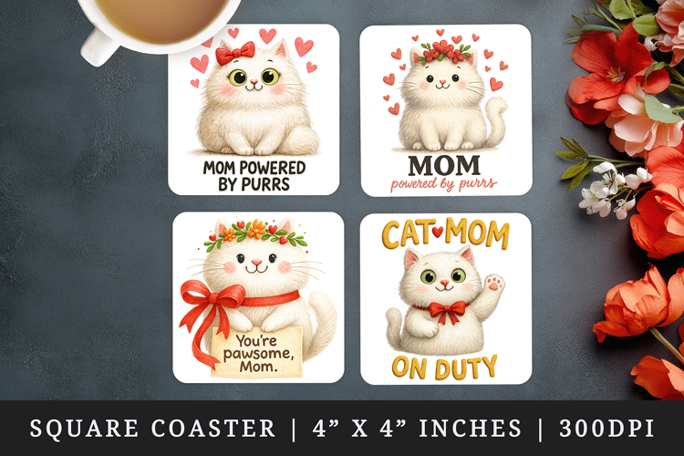 Cat Mom square coaster sublimation, coasters design