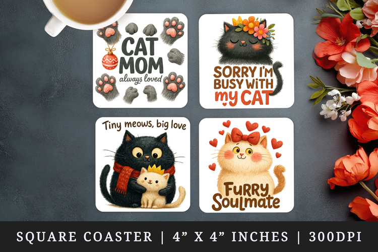 Cat Mom square coaster sublimation, coasters design