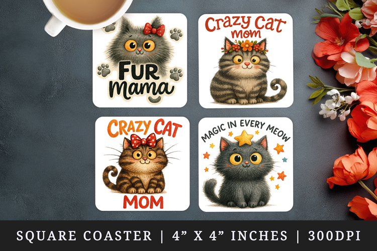 Cat Mom square coaster sublimation, coasters design