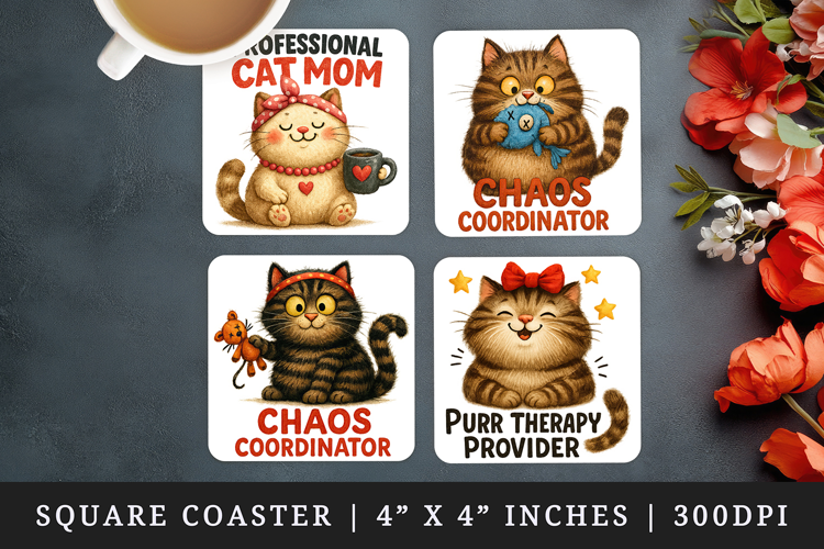 Cat Mom square coaster sublimation, coasters design
