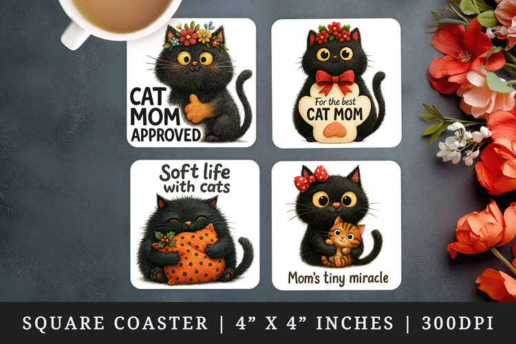 Cat Mom square coaster sublimation, coasters design